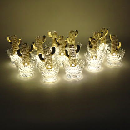 Decorative Cactus Shape LED Tealight Candles with Transparent Cup Holders (12 Pc)
