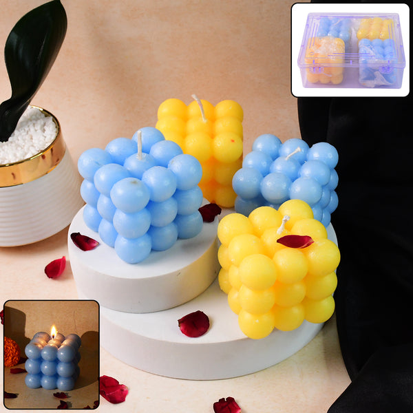 Set of 4 Colorful Cube Shaped Wax Candles – Decorative Ball Candles in Blue and Yellow for Home and Festival Decoration