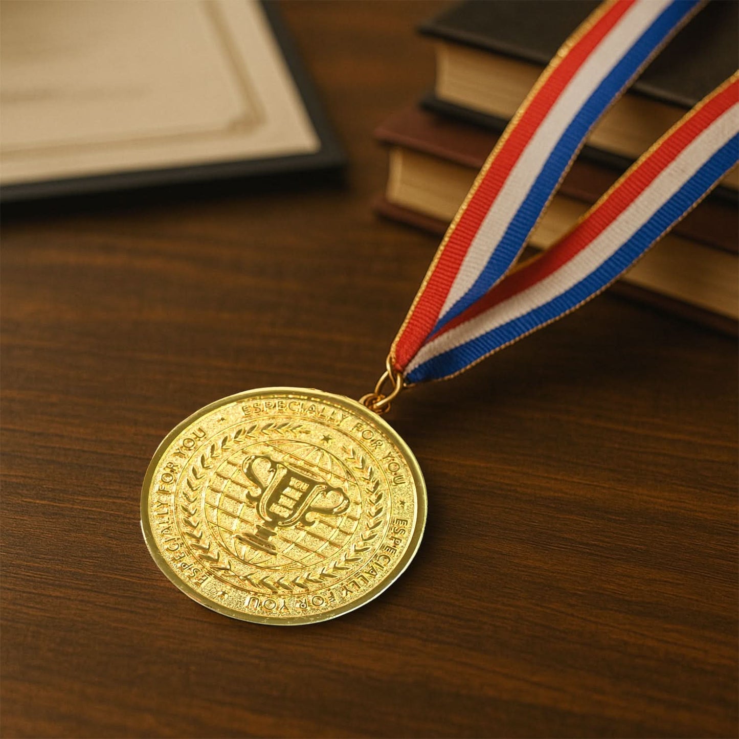 Gold Metal Medal With Tricolor Ribbon (1 Pc)