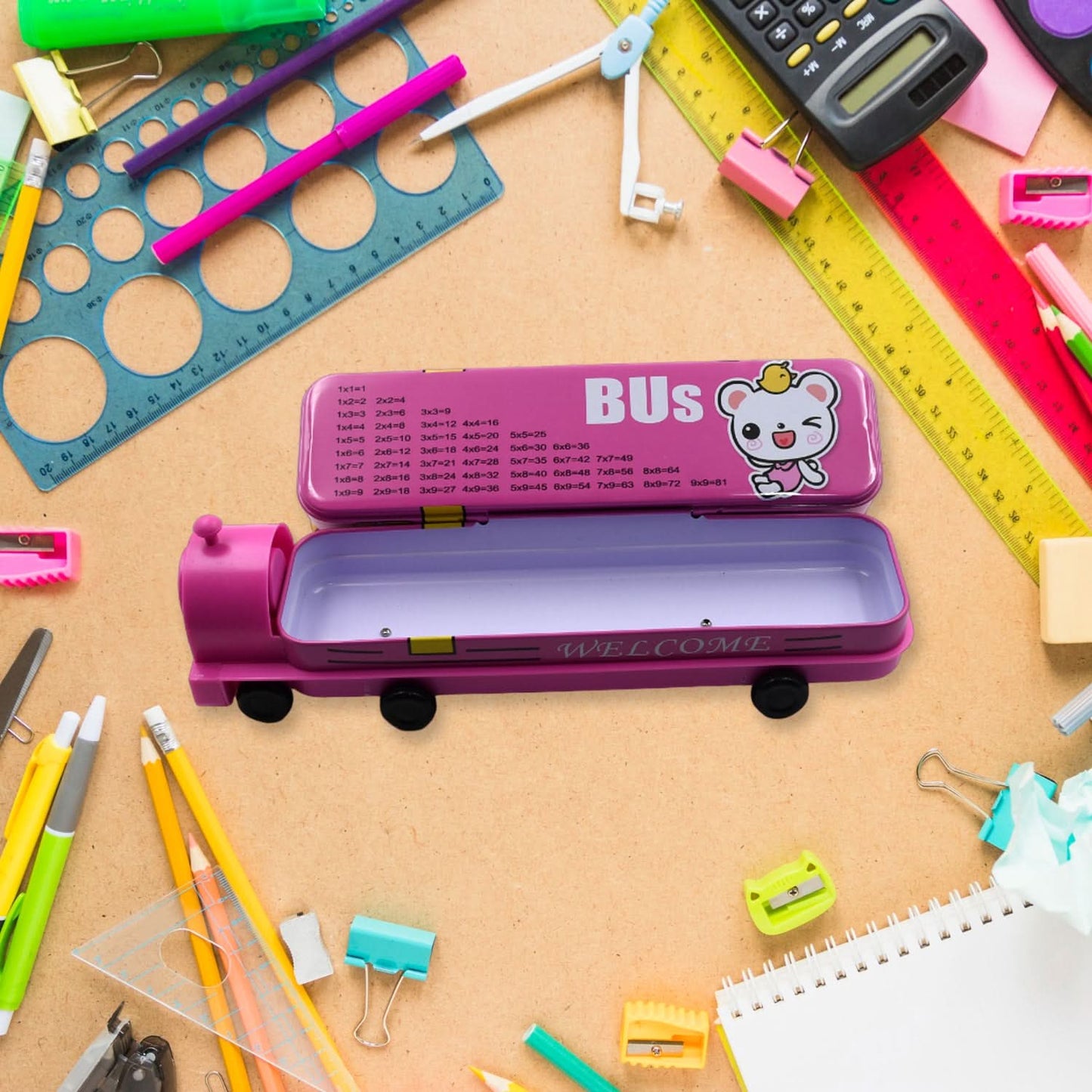 Double Decker Bus Pencil Case – 2-Layer Metal Box with Sharpener