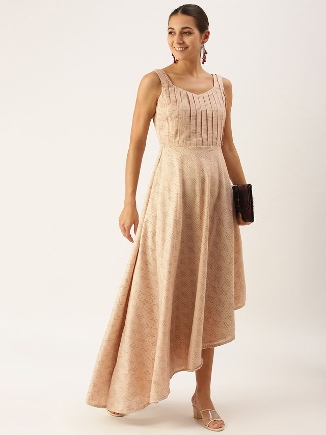 Bollywood Vogue Ready To Wear Pink Rayon High N Low Pleated Yoke Dress