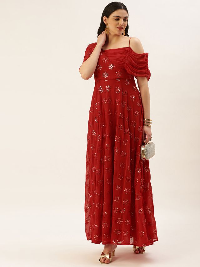 Bollywood Vogue Ready To Wear Red Georgette Embroidered One Shoulder Style Gown