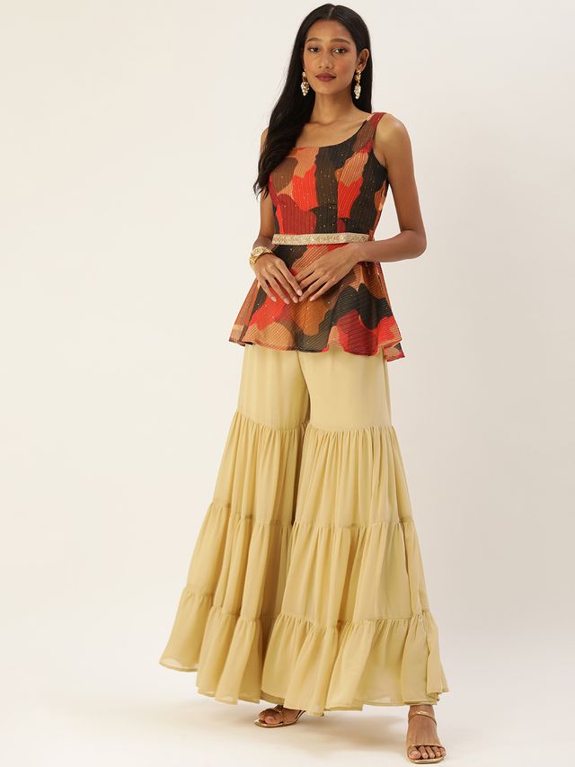 Bollywood Vogue Ready To Wear Multicolored Embroidered Peplum Top N Palazzo Set