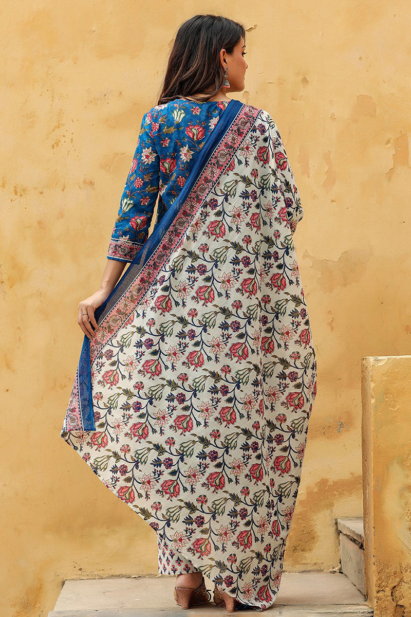 Blue Rayon Blend Floral Printed Straight Suit Set