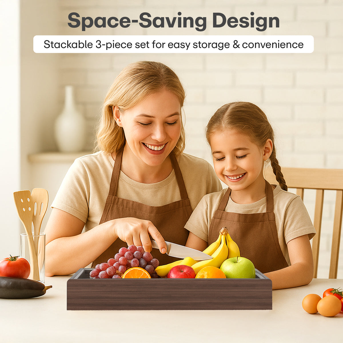 Rioware Wooden Serving Tray Set of 3 | Bamboo Tea & Coffee Serving Trays | Decorative Resin Kitchen & Dining Tray Set | Snack, Breakfast & Home Décor | Midnight Ember