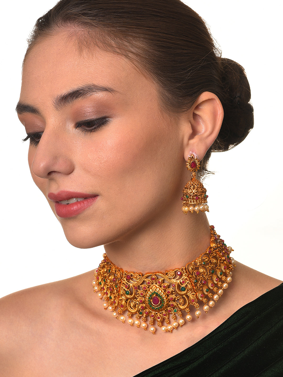 Gold-Toned Pink & Green Stone-Studded, Beaded Handcrafted Jewellery Set
