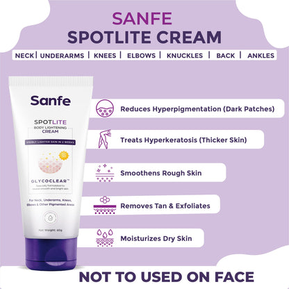 Sanfe Spotlite Body Cream For Dark Neck, Joints and Skinfolds Enriched with 3% Lactic Acid, Retinol & SPF 15 For Dark Patches, Detanning, Anti Aging and Skin Tightening Helps in Exfoliation, Lightening & 24 Hr Long Moisture - 60gm | For Indian Skin