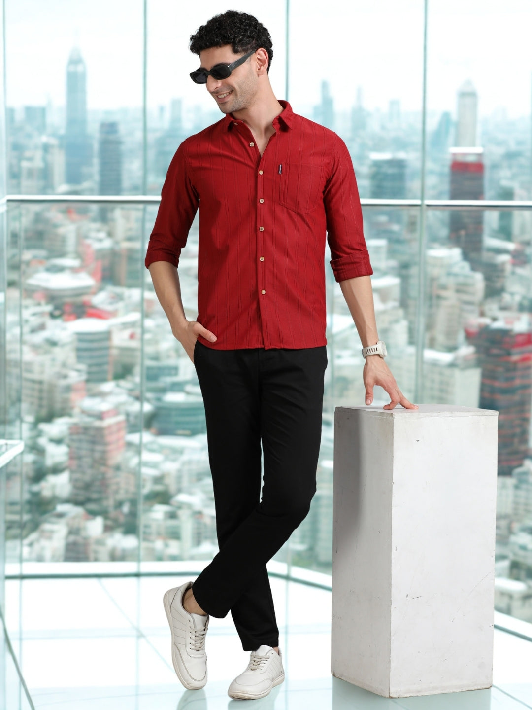 Men Red Full Sleeve knitted Dobby Casual Shirt Cool Colors
