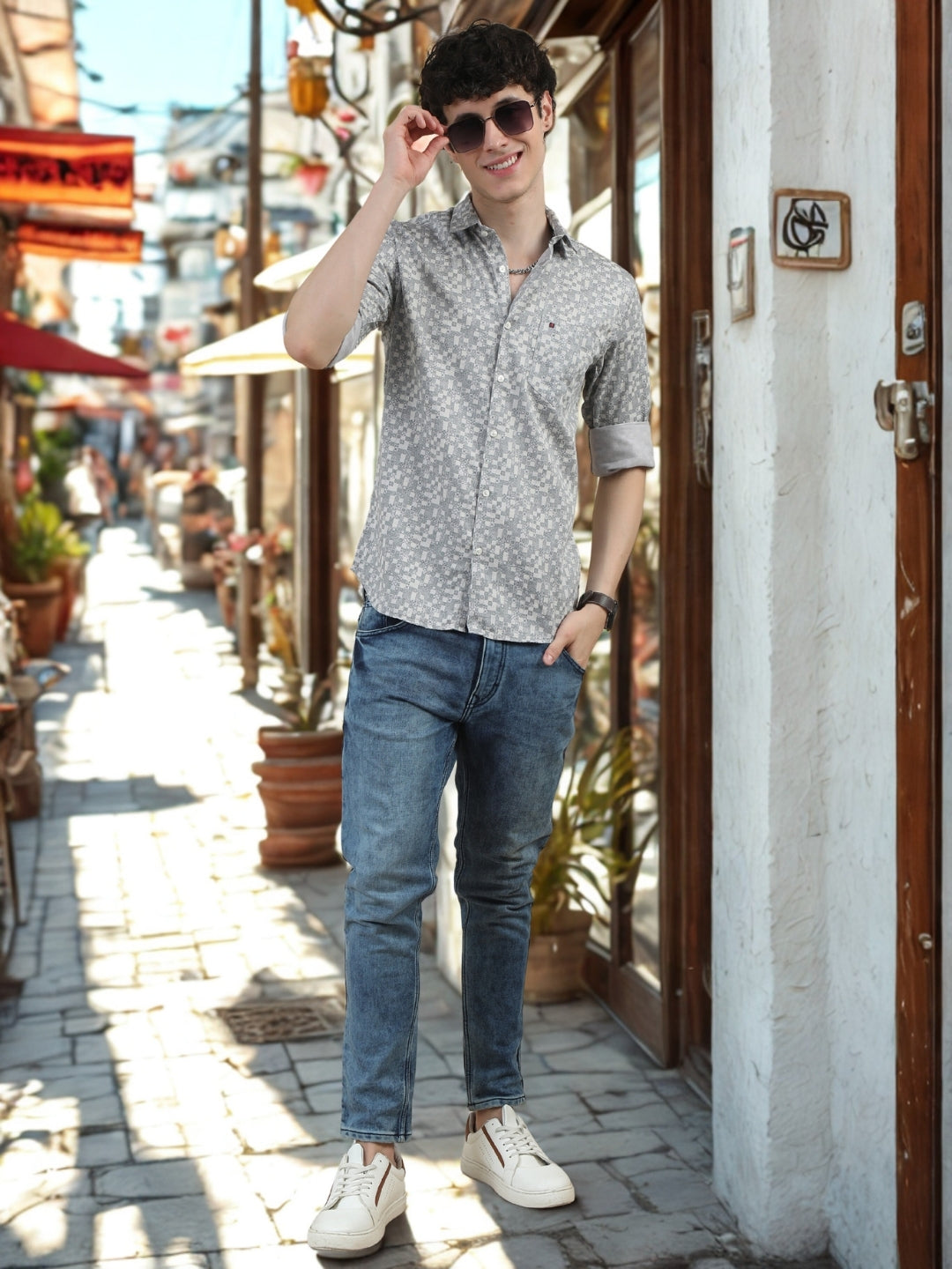 Men Light Grey Slim Fit Printed Full Sleeve Casual Shirt Cool Colors