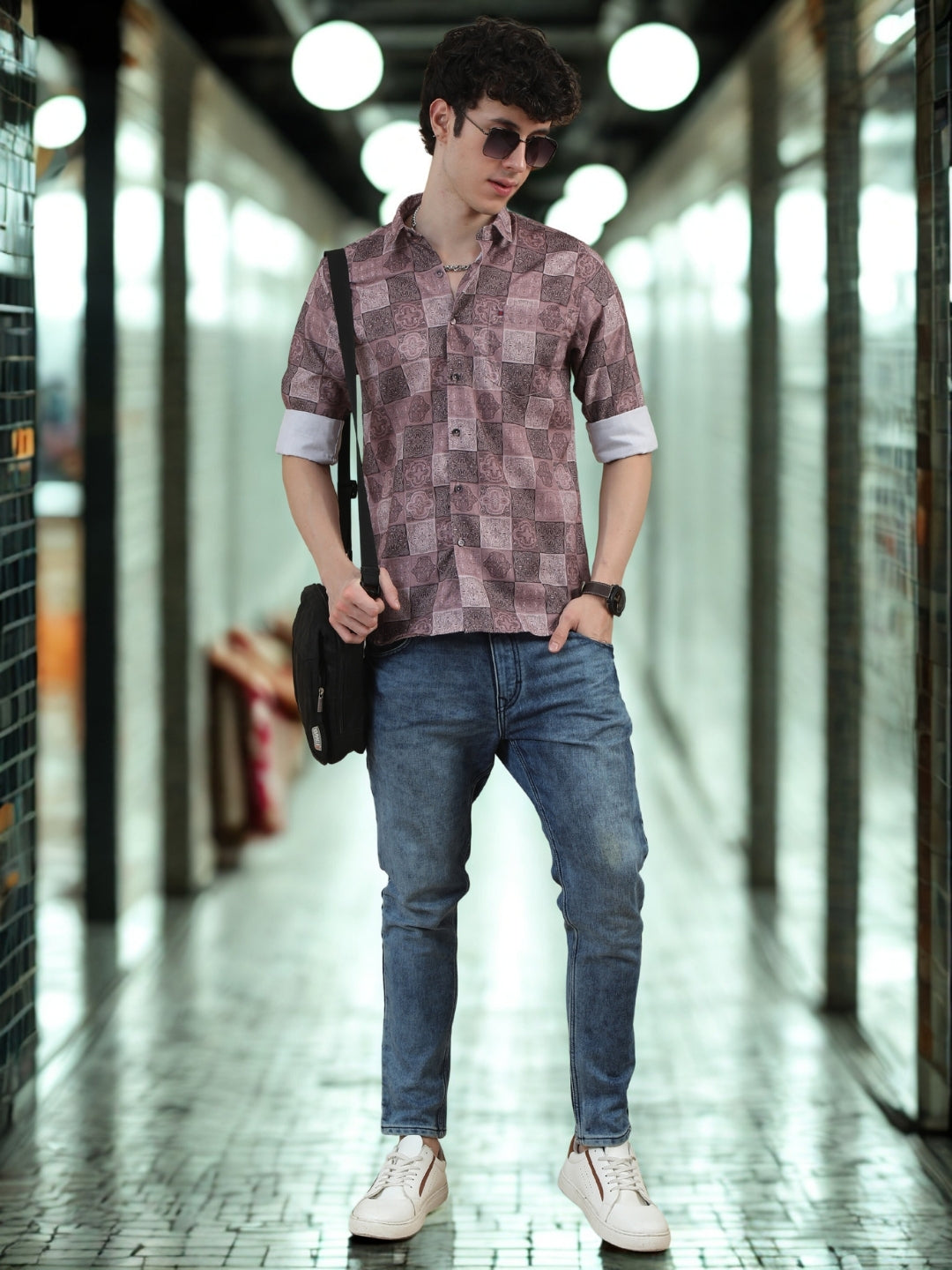 Men Dark Brown Slim Fit Printed Full Sleeve Casual Shirt Cool Colors