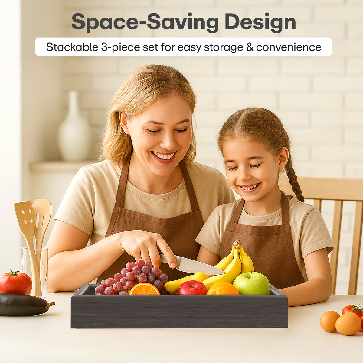 Rioware Wooden Serving Tray Set of 3 | Bamboo Tea & Coffee Serving Trays | Decorative Resin Kitchen & Dining Tray Set | Snack, Breakfast & Home Décor | Vintage Luxe