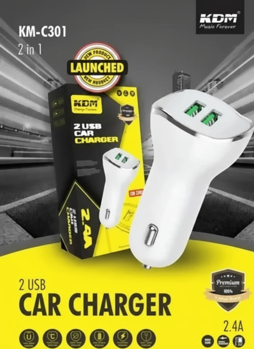 KDM with 2 USB Ports Car Charger KM-C301( MULTI COLOURS)