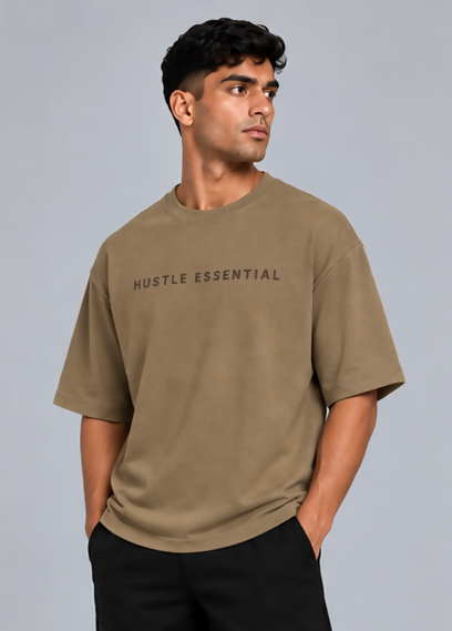 HUSTLE Essentials Men's Crew Neck Oversized Tees - Muted Olive Khaki