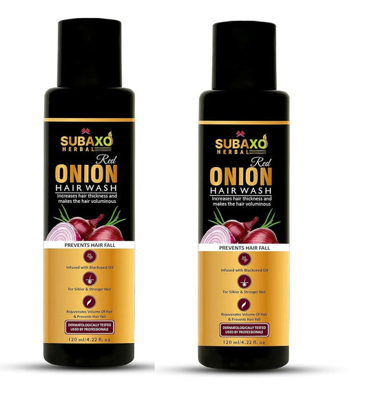 SUBAXO Red Onion Herbal Shampoo Prevents Hair Fall Makes Hair Silkier & Stronger (120ml x 2, Pack of 2) - HalfPe