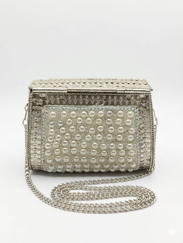 Buddy Cares Metal Bag for Women, Silver Pearl Embellished Clutch Purse with Chain Strap – Capsule – view 4 – Buddy Cares