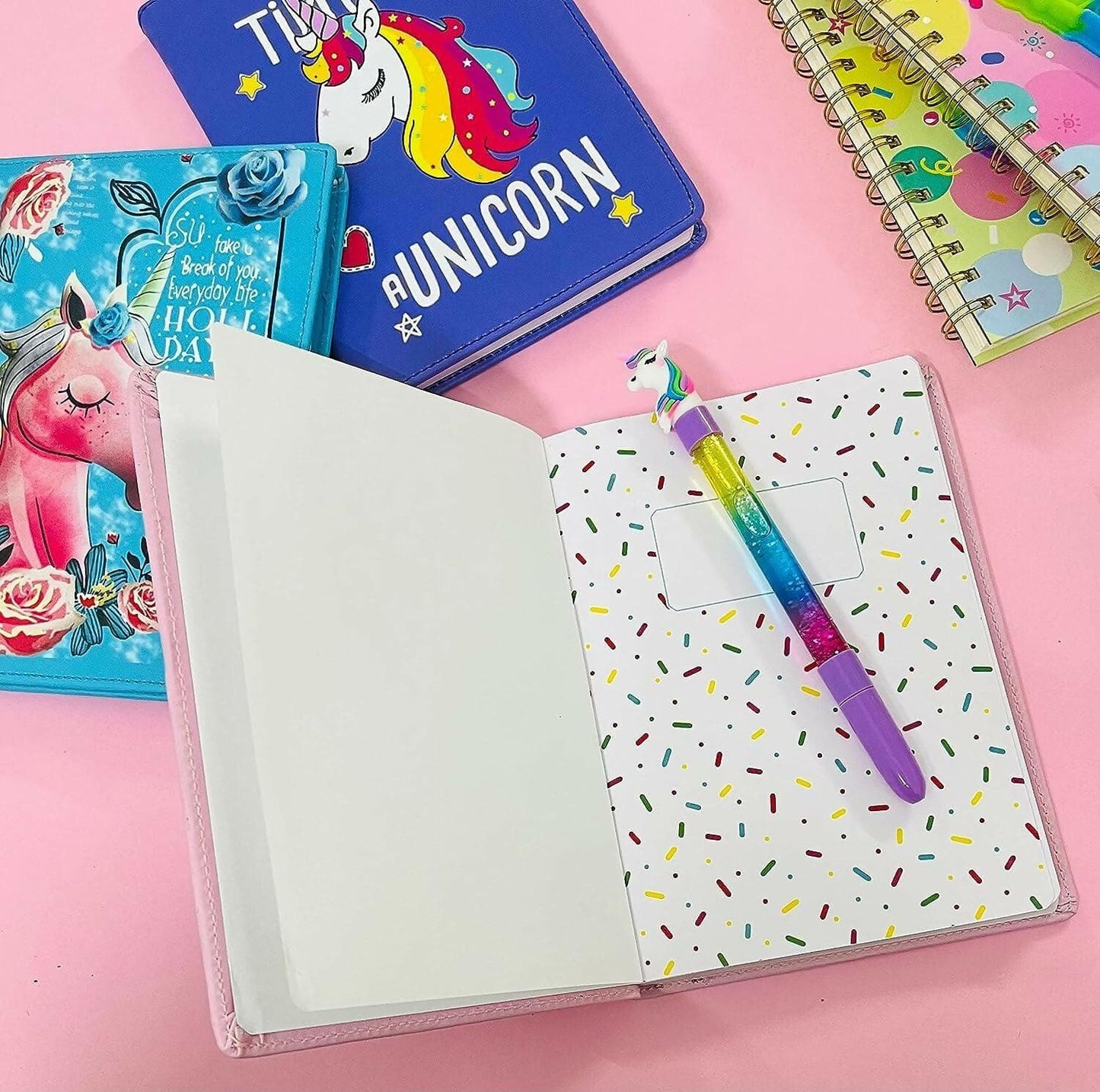 Unicorn Premium Luxury Diary With Water Glitter Lava Pen (Random Color) - HalfPe