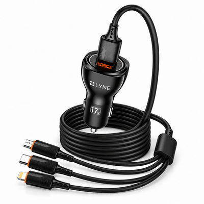 LYNE Piston 16 – 17W Fast Car Charger with 3-in-1 Data Cable & Dual USB Ports