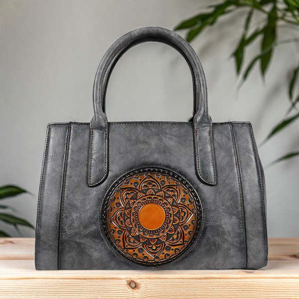 Elegant Grey Mandala Embossed Handbag – Boho Chic Tote with Crossbody Strap