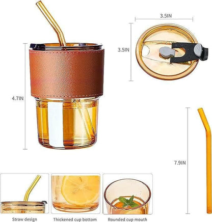 Glass Tumbler With Silicone Straw & Lid | 435ml (Amber) - HalfPe