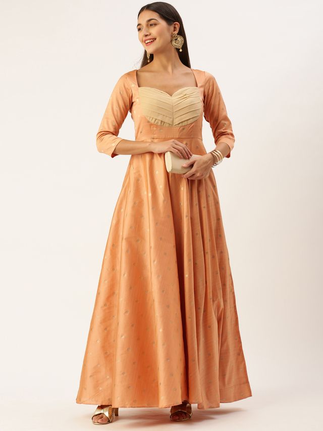 Bollywood Vogue Ready To Wear Peach Art Silk Jacquard Pleated Yoke Gown