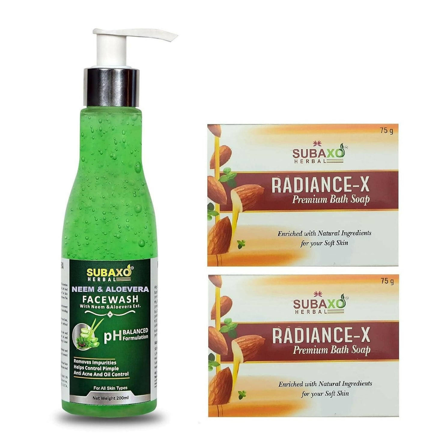 Subaxo Radiance-X Premium Soap (75 gm Each, Pack Of 2) & Neem Aloe Vera Face Wash (200ml,Combo) - HalfPe