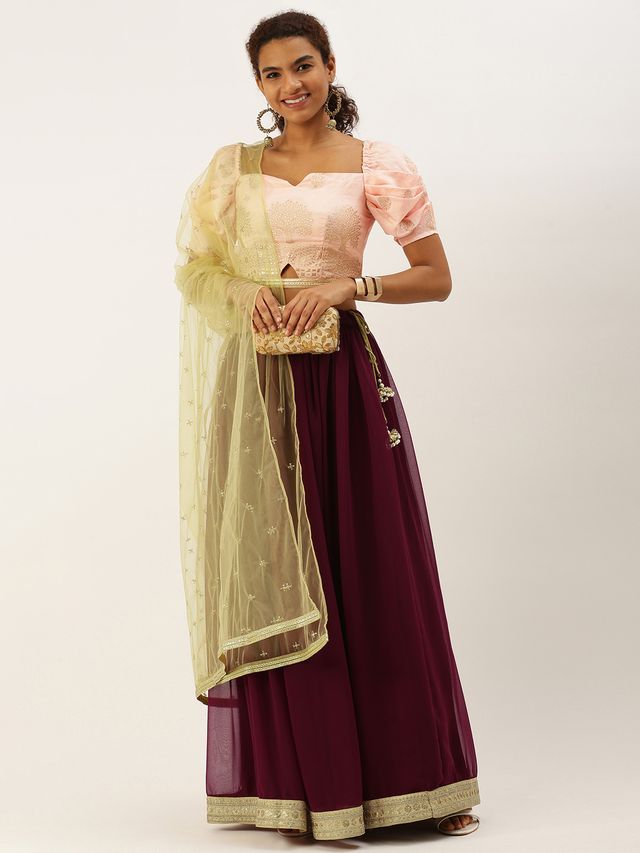 Bollywood Vogue Ready To Wear Pink Jacquard N Burgundy Georgette Lehenga