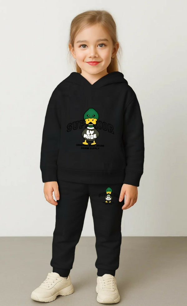Girls' Premium Cotton Blend Black Hoodie & Jogger Set – Stylish Duck Graphic Tracksuit (Ages 0 Months to 7 Years) Luck Fashion