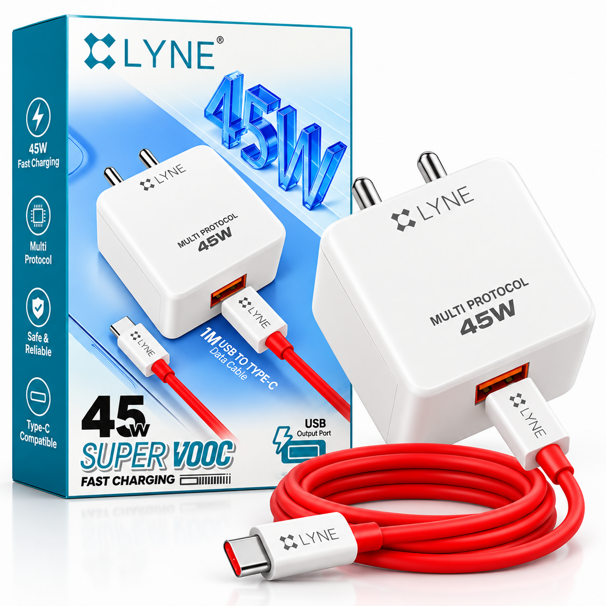 LYNE Chamber 27C Pro 45W Super VOOC Fast Charger with USB Output & 1M USB to Type-C Cable