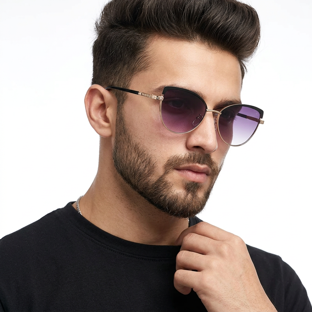 Eyejack Golden & Black Cateye Sunglasses for Men and Women - Style L842 - worn by a male model (image 3)
