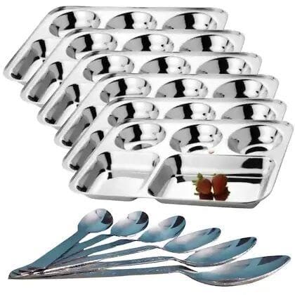 SHINI LIFESTYLE Stainless-Steel Bhojan Thal 5 column Super Premium Quality Dinner Plate 6pc with Spoon 6pcs Combo Pack (Set of 12) - HalfPe