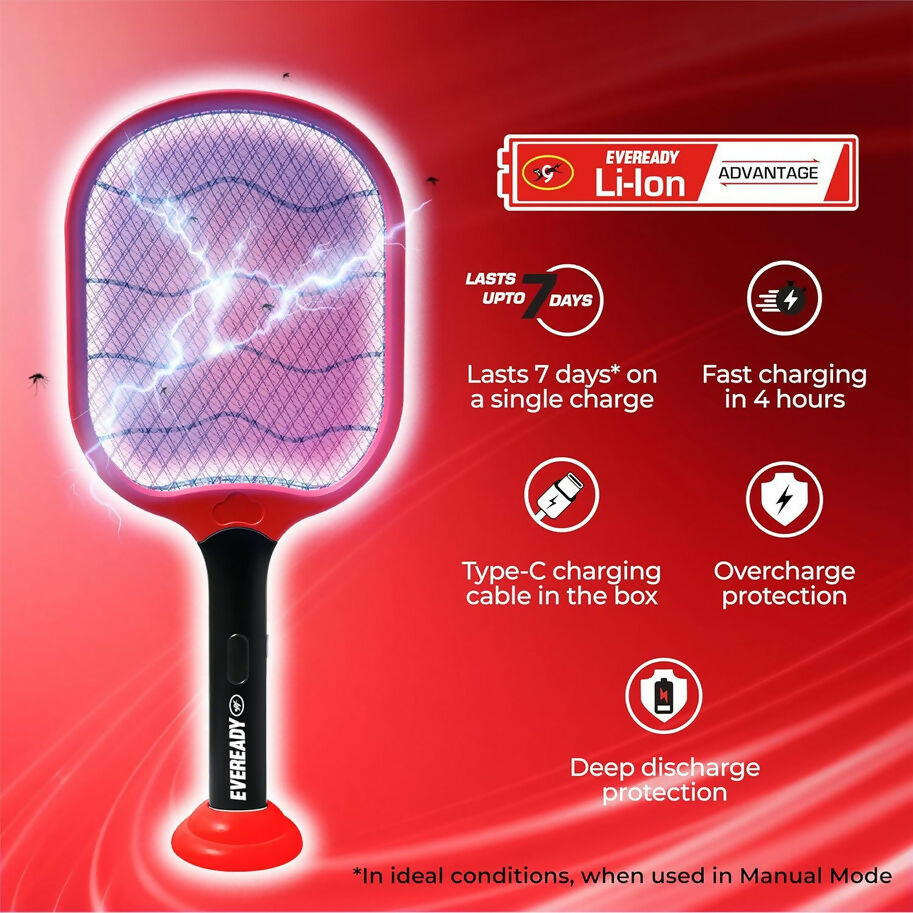 Eveready Give Me Red 2-in-1 Mosquito Racquet with 1200mAh Battery & USB-C Charging