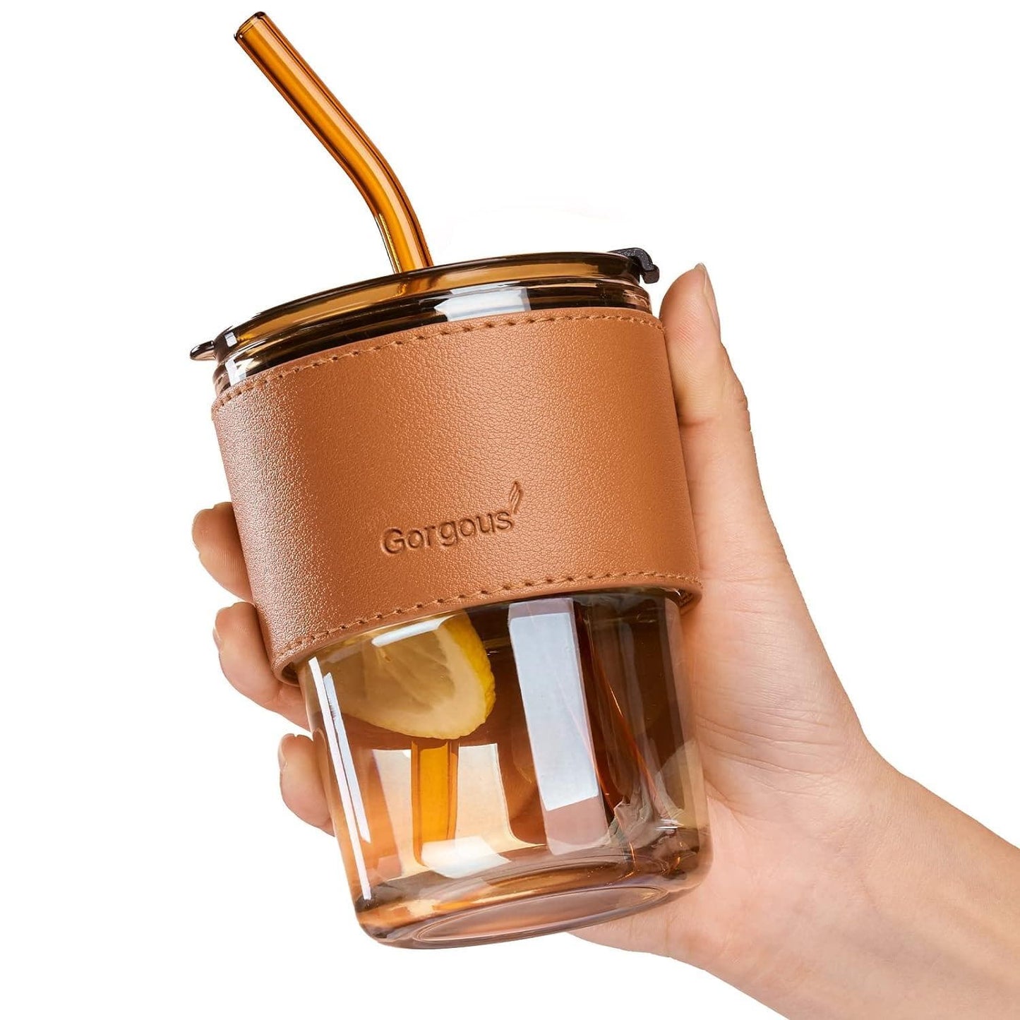 Glass Tumbler With Silicone Straw & Lid | 435ml (Amber) - HalfPe