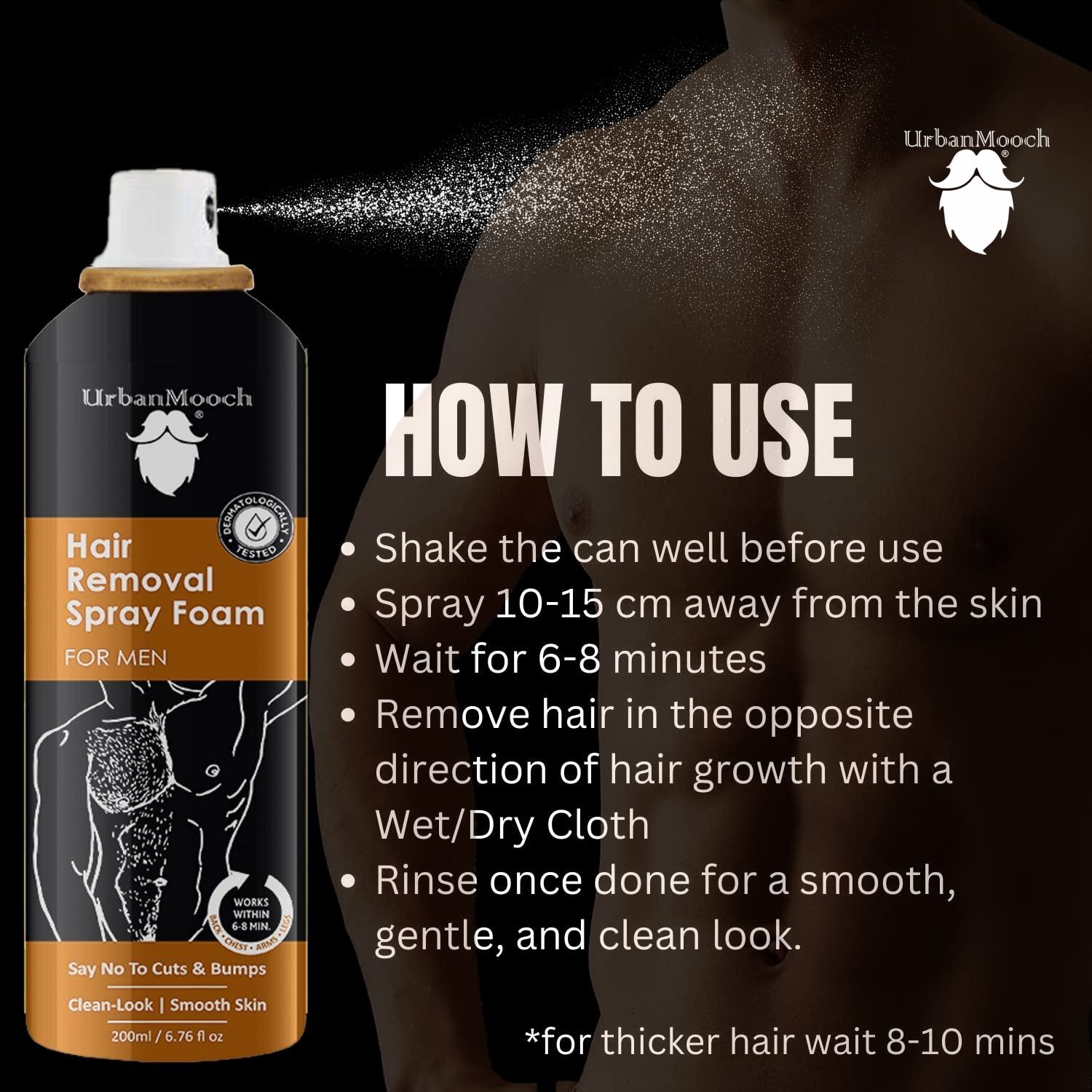UrbanMooch Hair Removal Spray Foam for Men | Painless Hair Removal Cream Spray For Chest, Arms, Legs & Under Arms | Wipe Off Hair Removal Cream Spray For Men Pack of 2(Each 200 ml) Lohiya Retails