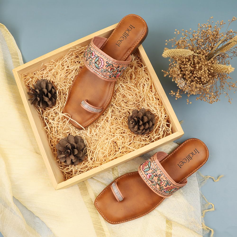 Indifeet Ethnic Toe Ring Flats for Women - Peach - View 2