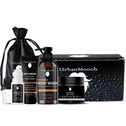 UrbanMooch 4 in1 Everyday Essentials Men's Skincare Kit with Face Brightening Cream | Vitamin C Body Wash | Detan Face Scrub | Underarm Roll-On | Rakhi Gift for Brothers Lohiya Retails