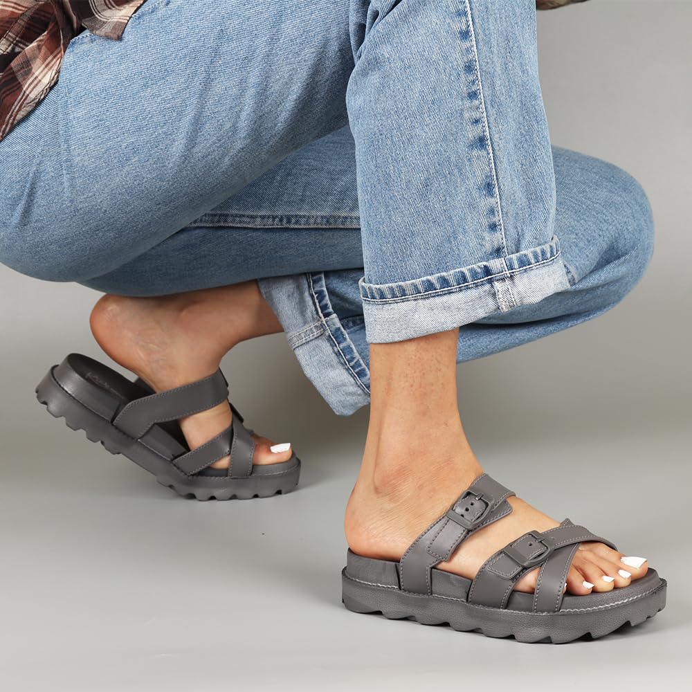 Indifeet Open Toe Buckle Sliders for Women - Grey - Image 14
