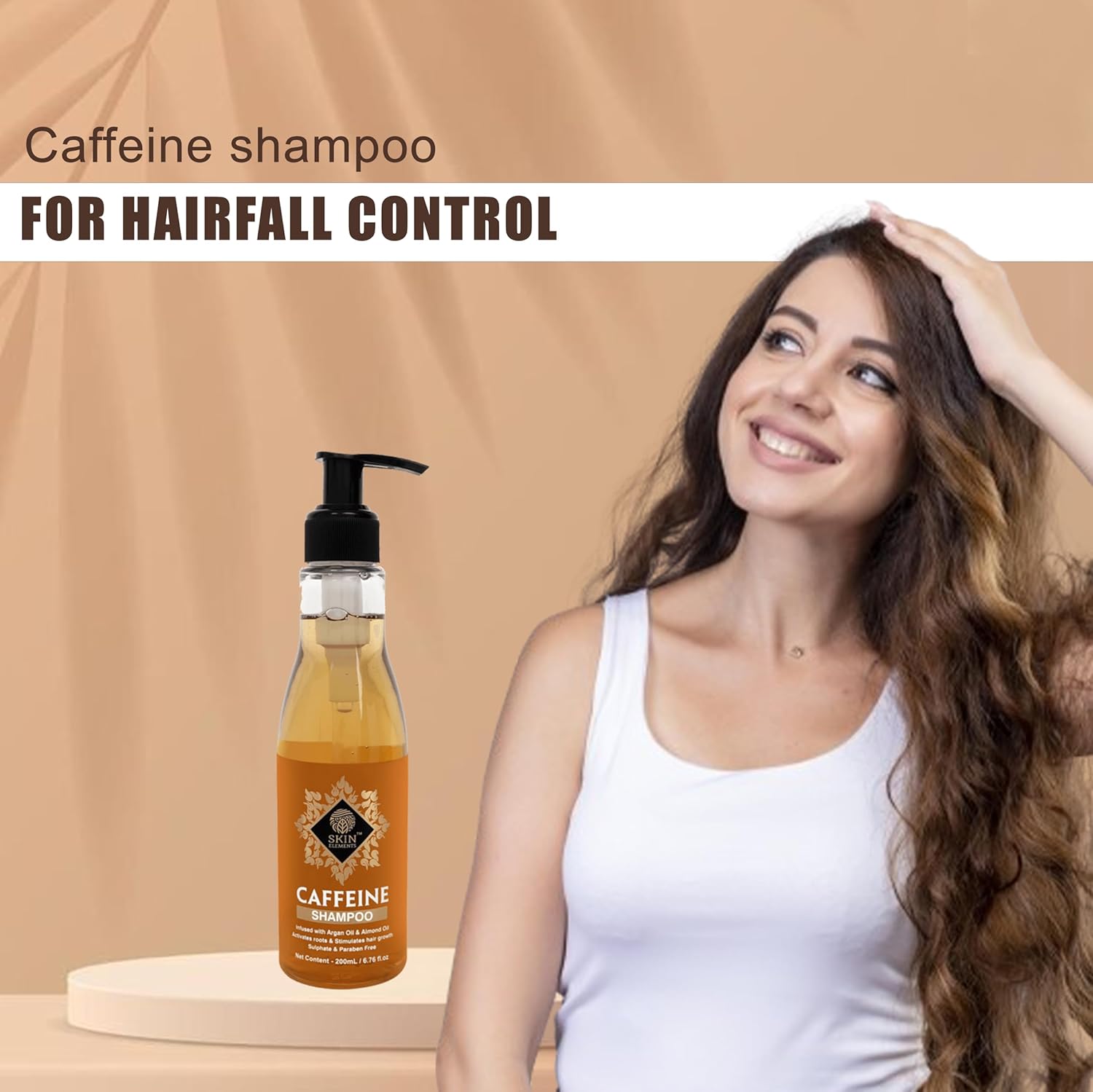 Skin Elements Caffeine Shampoo (6.76 fl.oz) - infused with Argan & Almond Oil (Vitamin E Booster) for Hair Fall Control - Sulphate free (30 to 40 Days Supply)
