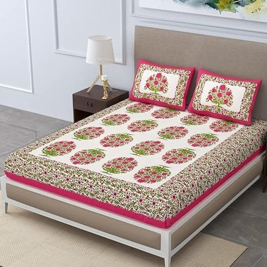 Jaipur Rajasthani Hand Printed Double Bedsheet with 2 Pillow Cover (Pink) - HalfPe