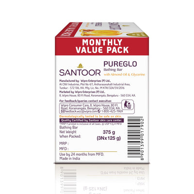 Santoor PureGlo Glycerine Soap with Almond Oil and Glycerine, 125g (Buy 2 Get 1 Free) for Nourished Glowing Skin