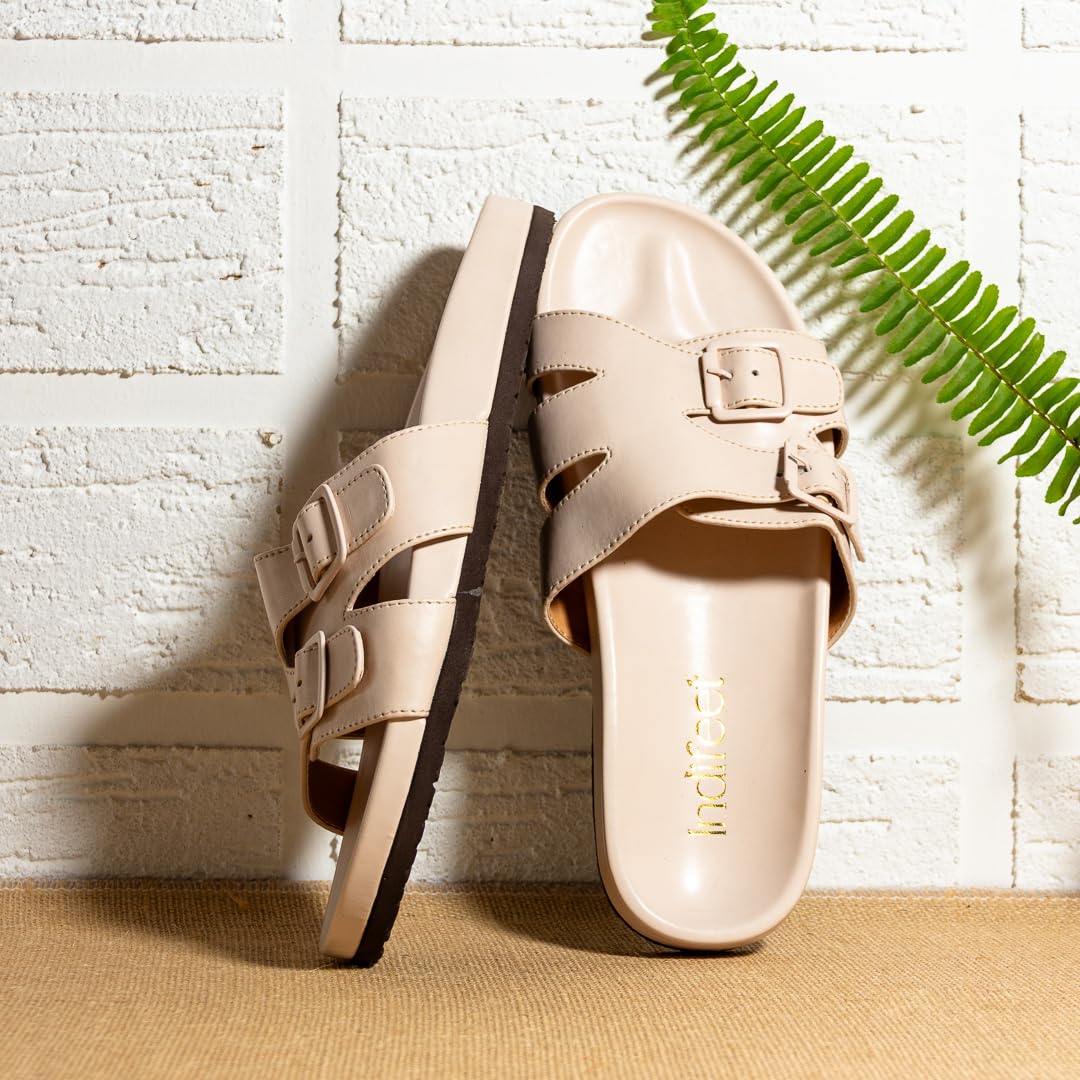 Indifeet Stylish Double Strap Buckle Sliders for Women - Cream - View 5