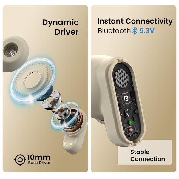 Portronics Harmonics Twins S16 TWS Earbuds with Game Mode & Clear Calls (Playback Time: 24 hrs)(Beige)