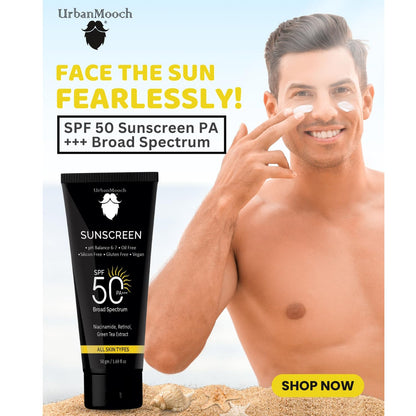 No White Cast Sunscreen for Men SPF 50 PA+++ | UrbanMooch Daily Sunscreen with Niacinamide & Retinol | Lightweight, Non-Greasy, Acne-Safe & Quick Absorbing | Broad Spectrum UV Protection – 50 g Lohiya Retails