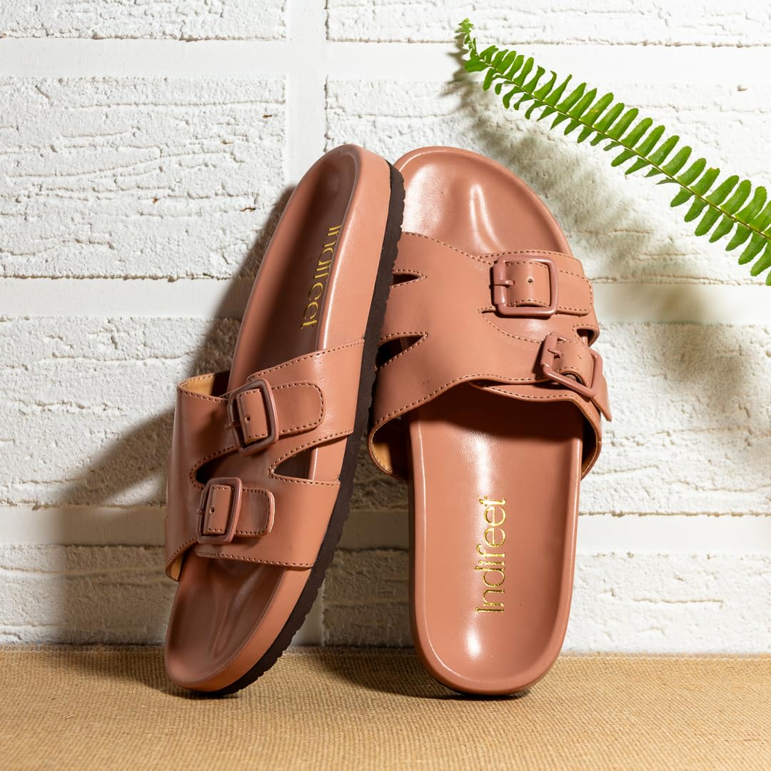 Indifeet Stylish Double Strap Buckle Sliders for Women - Peach - View 3