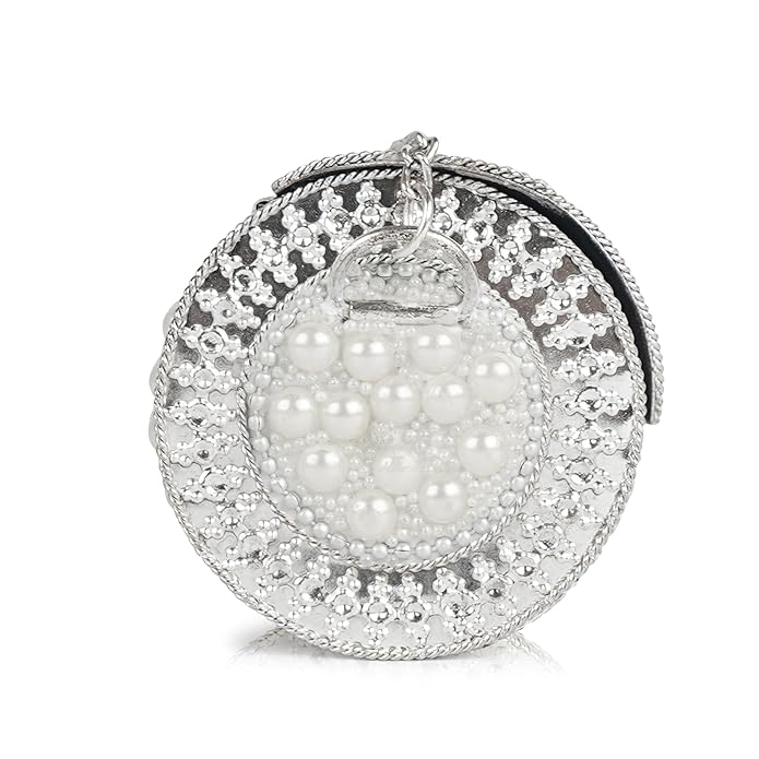 Buddy Cares Metal Bag for Women, Silver Pearl Embellished Clutch Purse with Chain Strap – Cylindrical – view 4 – Buddy Cares