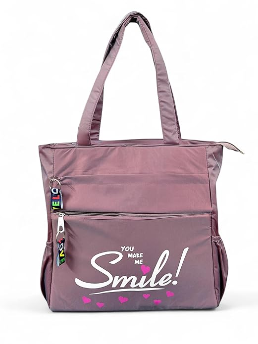 Buddy Cares Smile Shoulder Bag for Women – Tote Bag with "You Make Me Smile" Print – Purple