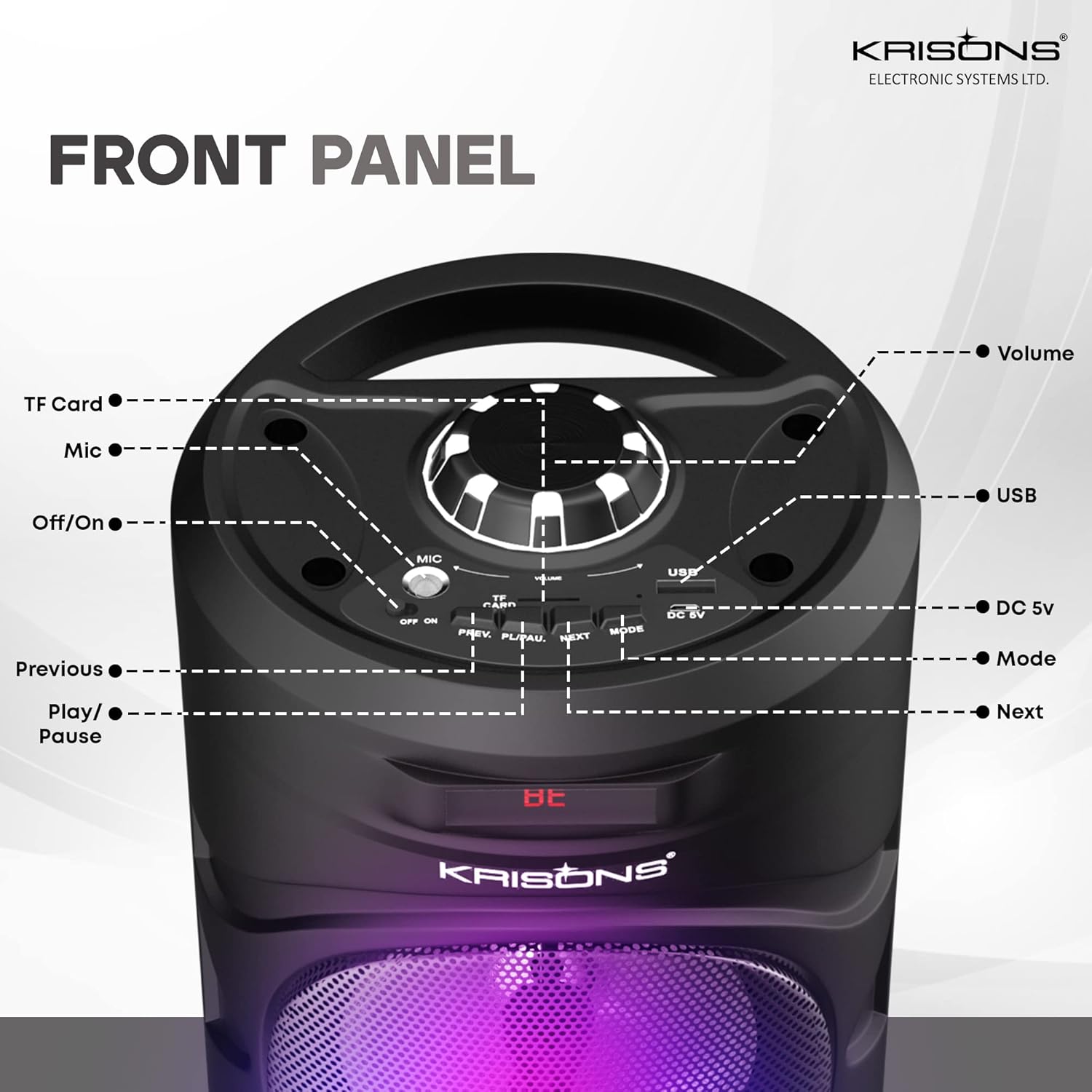 Krisons Cylinder 30W Double Woofer Multimedia Bluetooth Party Tower Speaker with Wired Mic, RGB Lights, USB, SD Card & FM Radio – Black