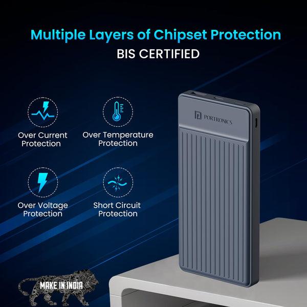 Portronics Luxcell B12 10,000mAh 12W Power Bank, Ultra Slim Power Bank with USB-A Output Port & Dual Input Ports (Micro & Type C) (Multicolor)