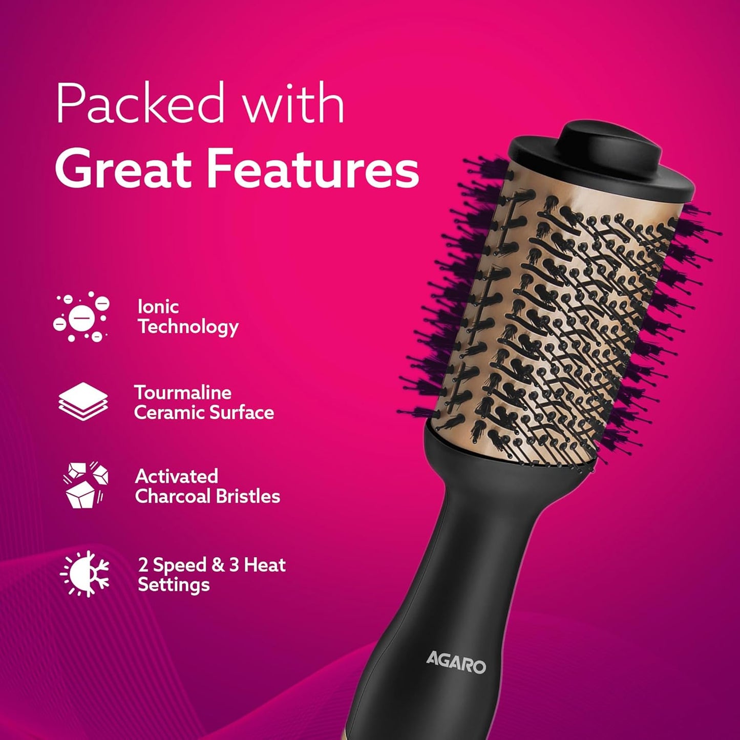 AGARO HV2179 Hot Air Brush for Hair, Volumizer & Styler, 360° Airflow Vent, 1200W, Gold & Black