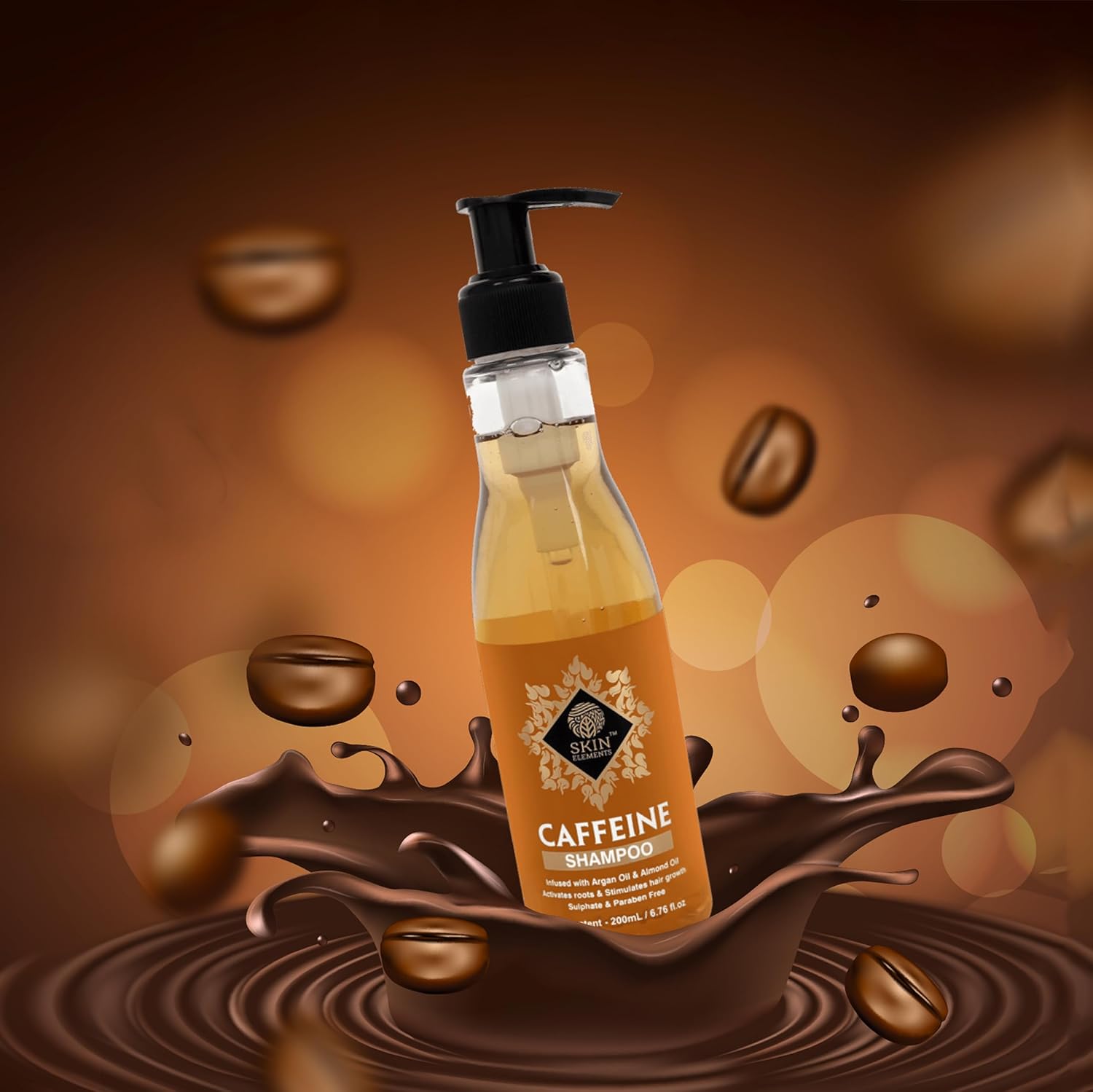 Skin Elements Caffeine Shampoo (6.76 fl.oz) - infused with Argan & Almond Oil (Vitamin E Booster) for Hair Fall Control - Sulphate free (30 to 40 Days Supply)