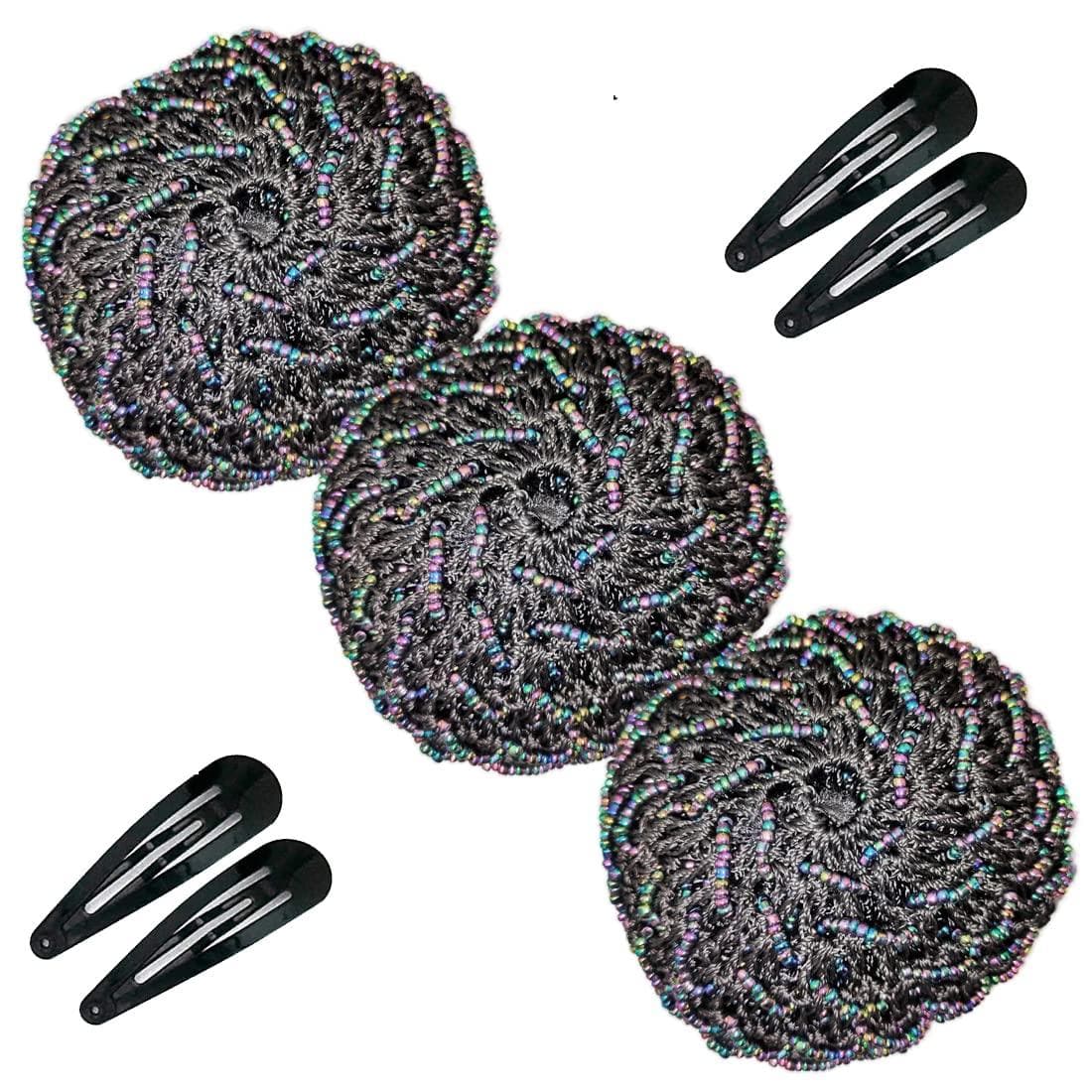 SENECIO Multicolor Black Beaded Woven Juda Bun Net Cover With Tic Tac Hair Pins - HalfPe